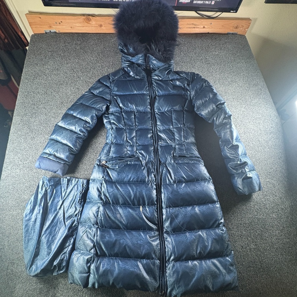 Wanko Duck Down Puffer Coat Womens M Blue Subtle Floral Jacquard Faux Fur Hooded